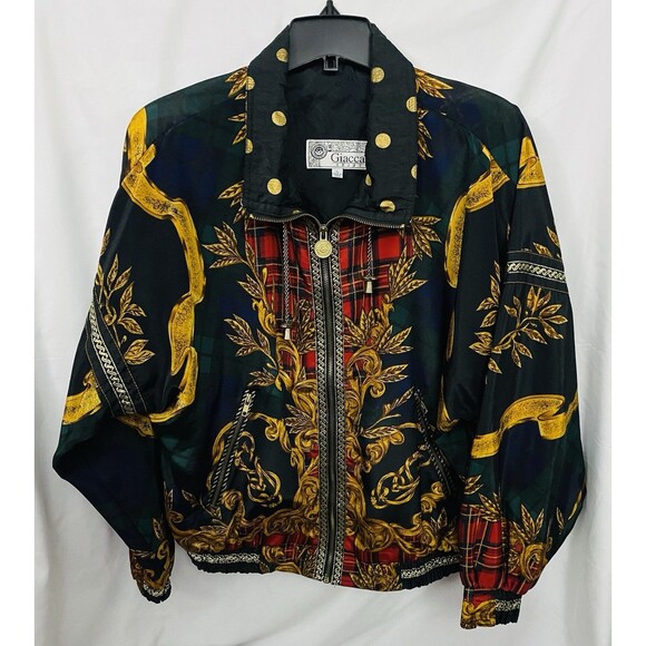 Vtg Giacca Sport Plaid & Baroque Art Windbreaker Jacket Sz Small 90s Streetwear - Picture 1 of 14